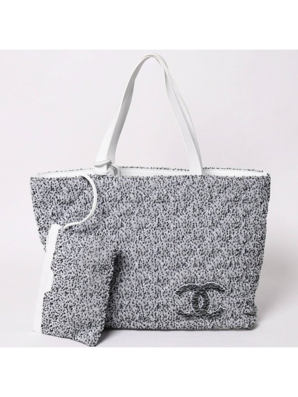 Chanel Cruise Collection Pile Beach Terry Cloth CC Logo White Gray Tote Bag
